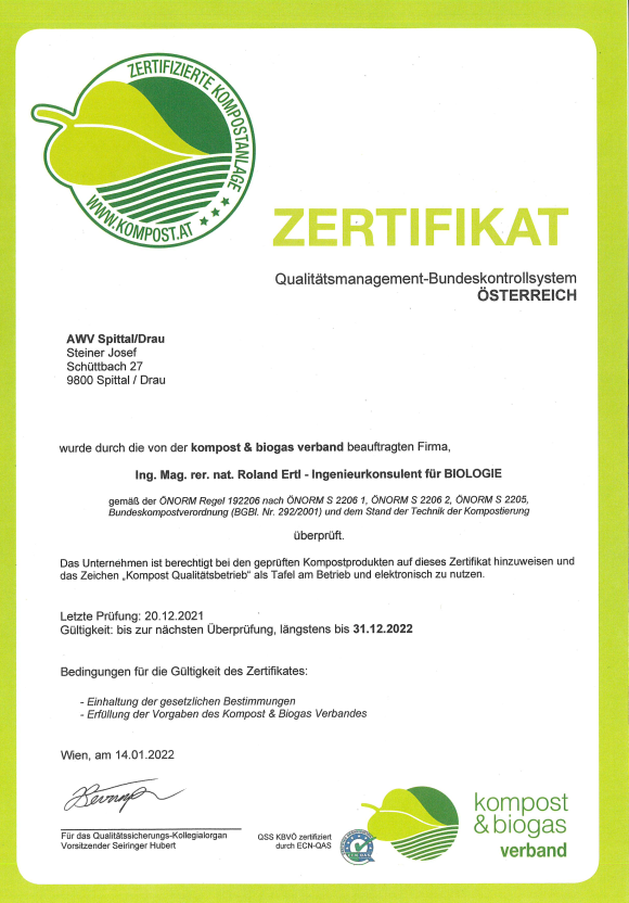 Zertifikat Kompostanlage 2022